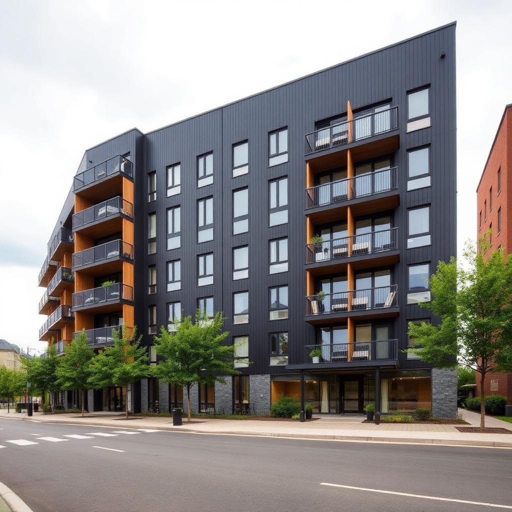 Modern mid-rise Birmingham apartment building with balconies